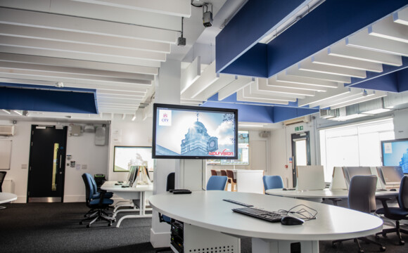 Main teacher station in the active learning classroom at City, University of London, Department of Journalism