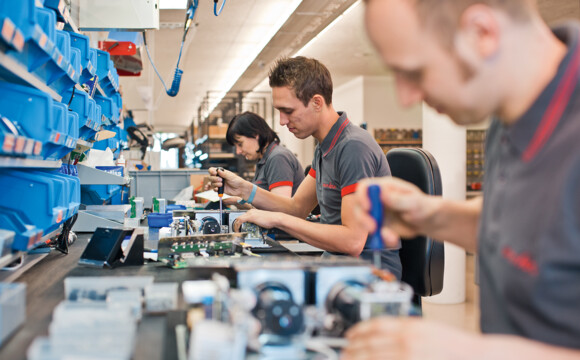 Production at WolfVision worldwide headquarters building in Klaus, Vorarlberg, Austria