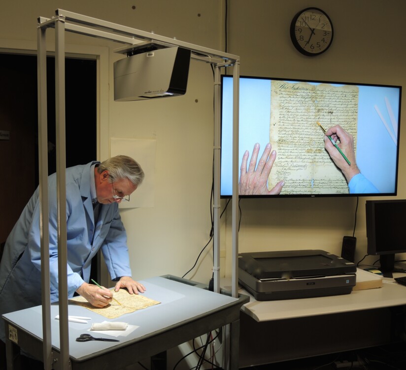 The VZ-C6 is used for instruction during a conservation treatment by Bill Minter, Senior Book Conservator